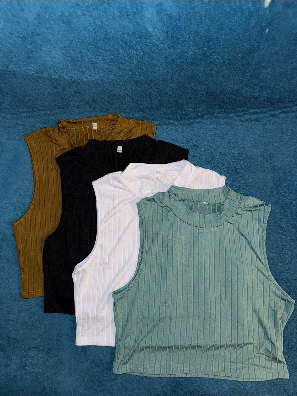 4 Ribbed Sleeveless Crop Tops - Sage Green, White, Black & Mocha Brown